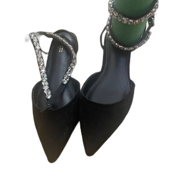 Express Black Rhinestone Heels Size 7 Pointed Toe Ankle Strap Dress Shoes - Picture 1 of 10
